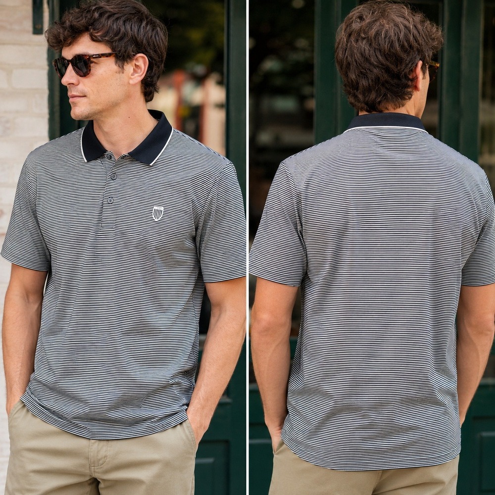 Faldo Claret‎ & Green Mens XL Golf Polo Shirt Black White Striped SMA6116P12